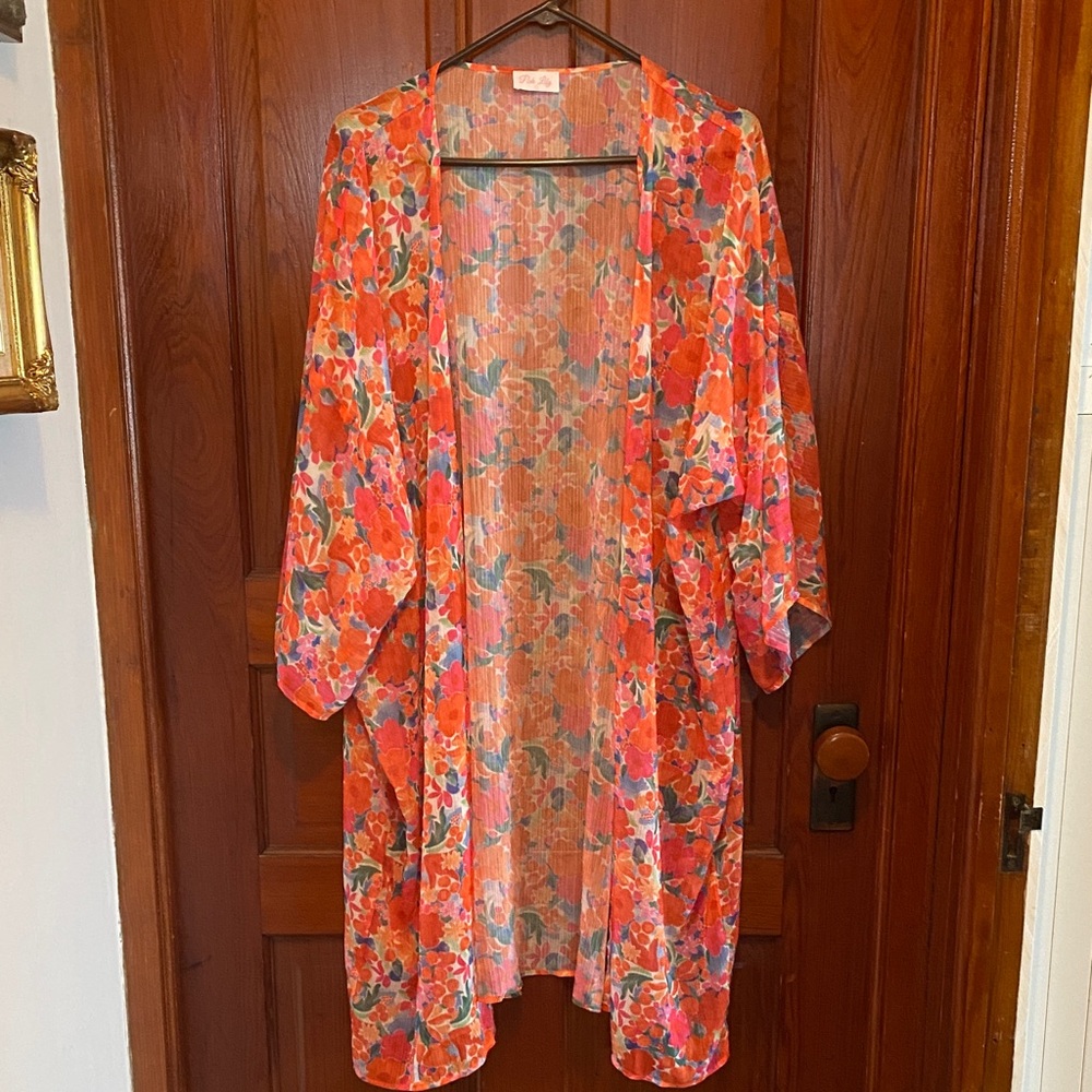 Pink Lily Floral Kimono, swim cover up